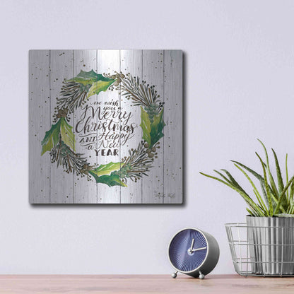 Luxe Metal Art 'Merry Christmas and Happy New Year Wreath' by Cindy Jacobs, Metal Wall Art,12x12