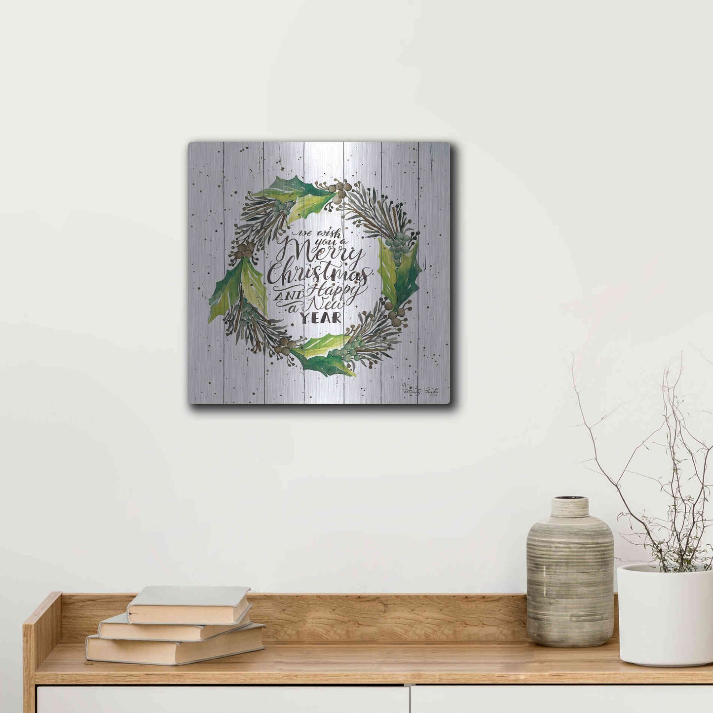 Luxe Metal Art 'Merry Christmas and Happy New Year Wreath' by Cindy Jacobs, Metal Wall Art,12x12