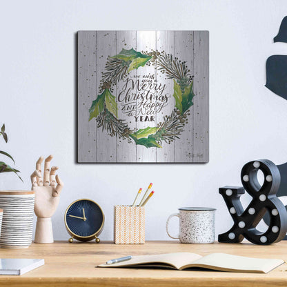 Luxe Metal Art 'Merry Christmas and Happy New Year Wreath' by Cindy Jacobs, Metal Wall Art,12x12