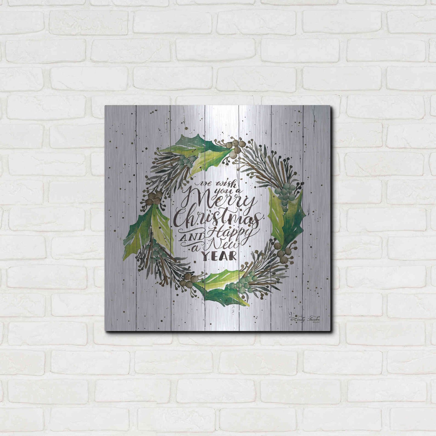 Luxe Metal Art 'Merry Christmas and Happy New Year Wreath' by Cindy Jacobs, Metal Wall Art,24x24