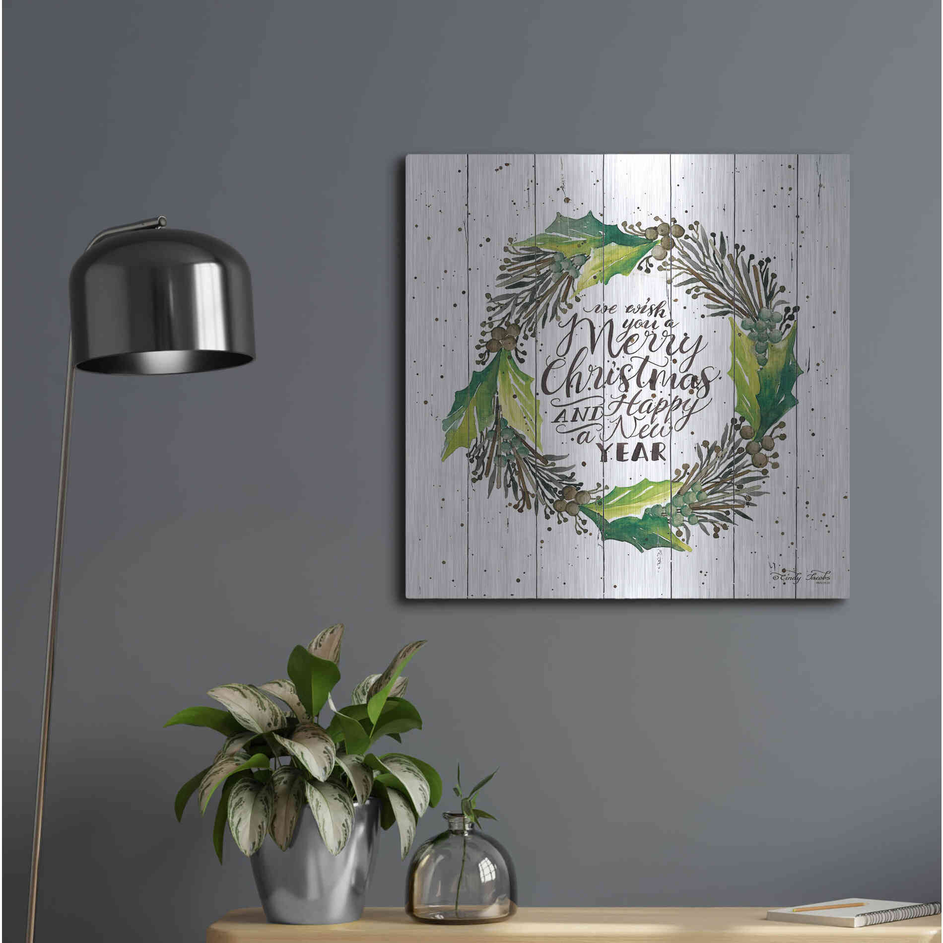 Luxe Metal Art 'Merry Christmas and Happy New Year Wreath' by Cindy Jacobs, Metal Wall Art,24x24