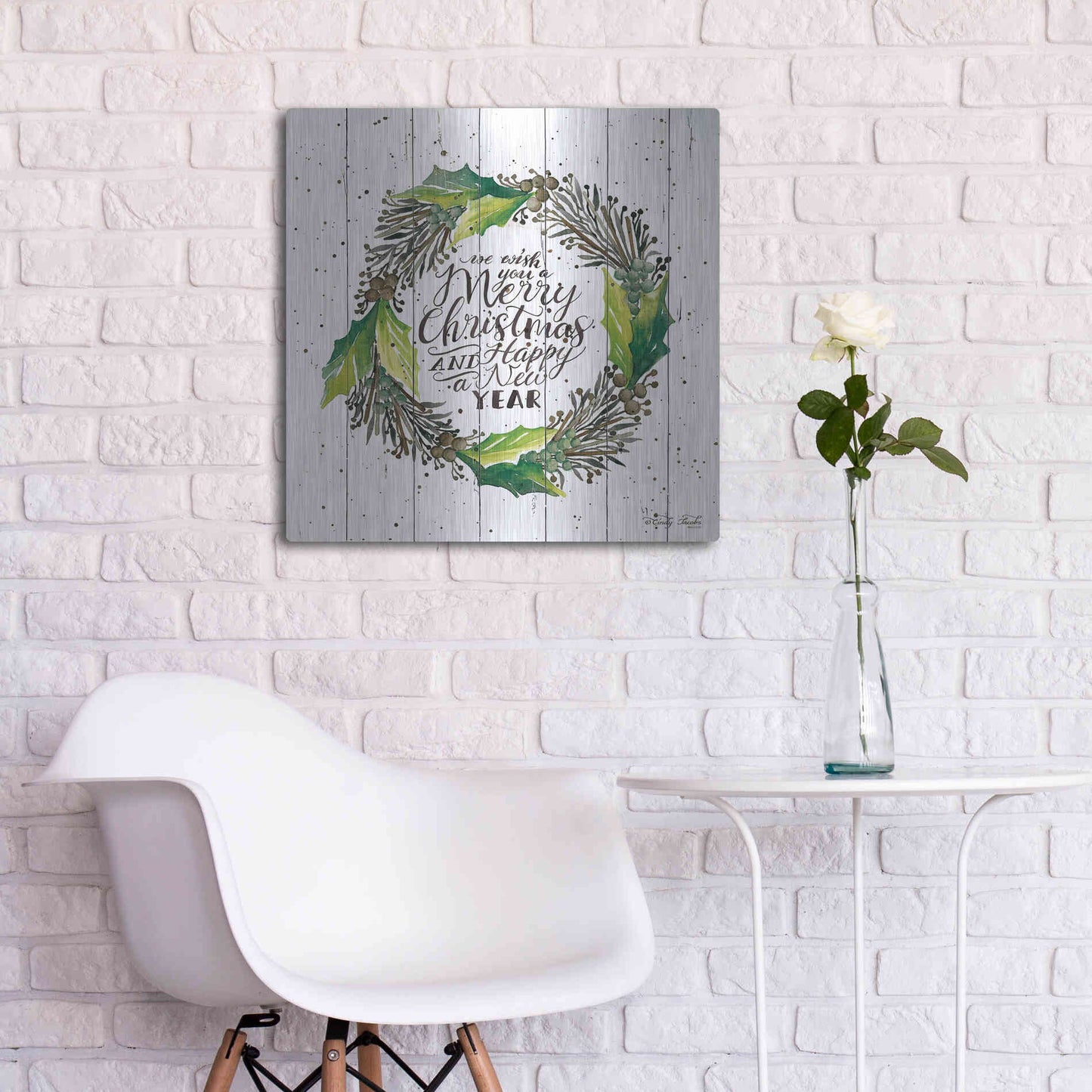 Luxe Metal Art 'Merry Christmas and Happy New Year Wreath' by Cindy Jacobs, Metal Wall Art,24x24