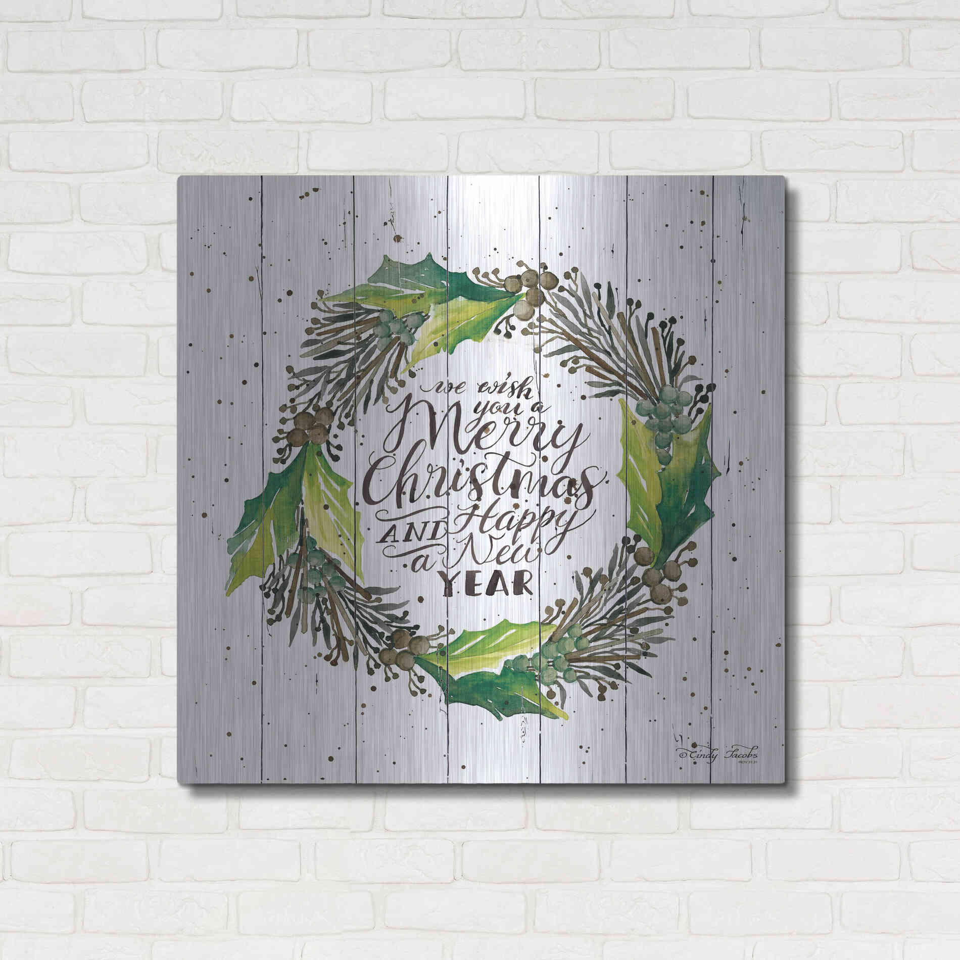 Luxe Metal Art 'Merry Christmas and Happy New Year Wreath' by Cindy Jacobs, Metal Wall Art,36x36
