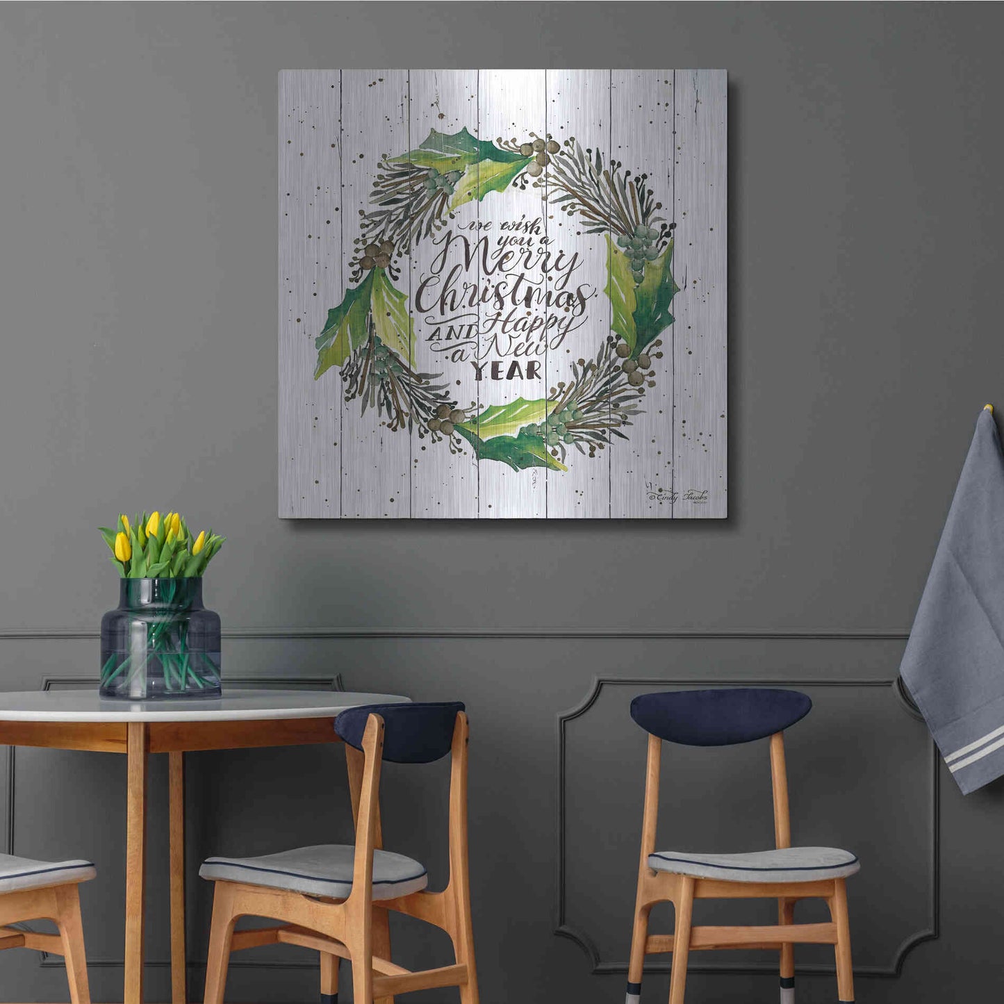Luxe Metal Art 'Merry Christmas and Happy New Year Wreath' by Cindy Jacobs, Metal Wall Art,36x36