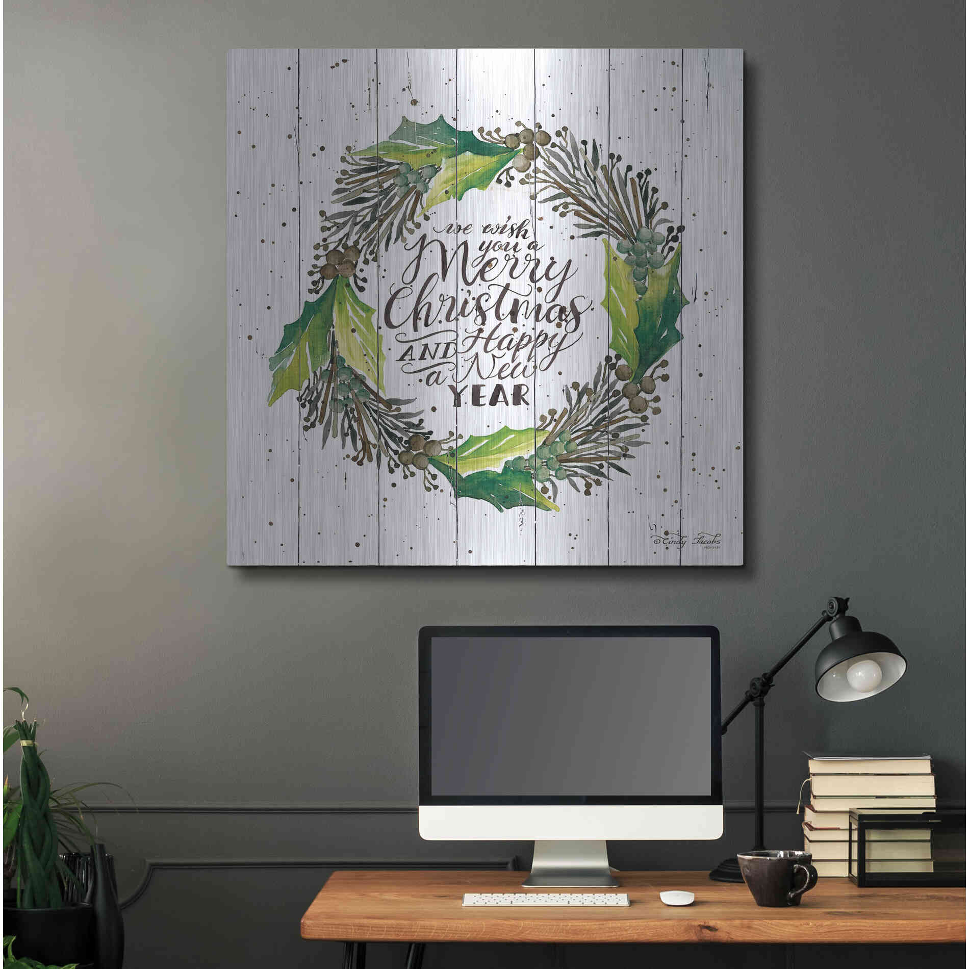 Luxe Metal Art 'Merry Christmas and Happy New Year Wreath' by Cindy Jacobs, Metal Wall Art,36x36