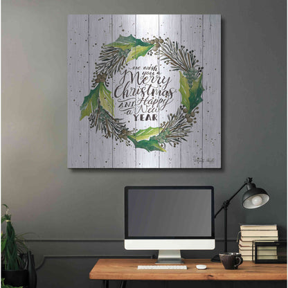 Luxe Metal Art 'Merry Christmas and Happy New Year Wreath' by Cindy Jacobs, Metal Wall Art,36x36