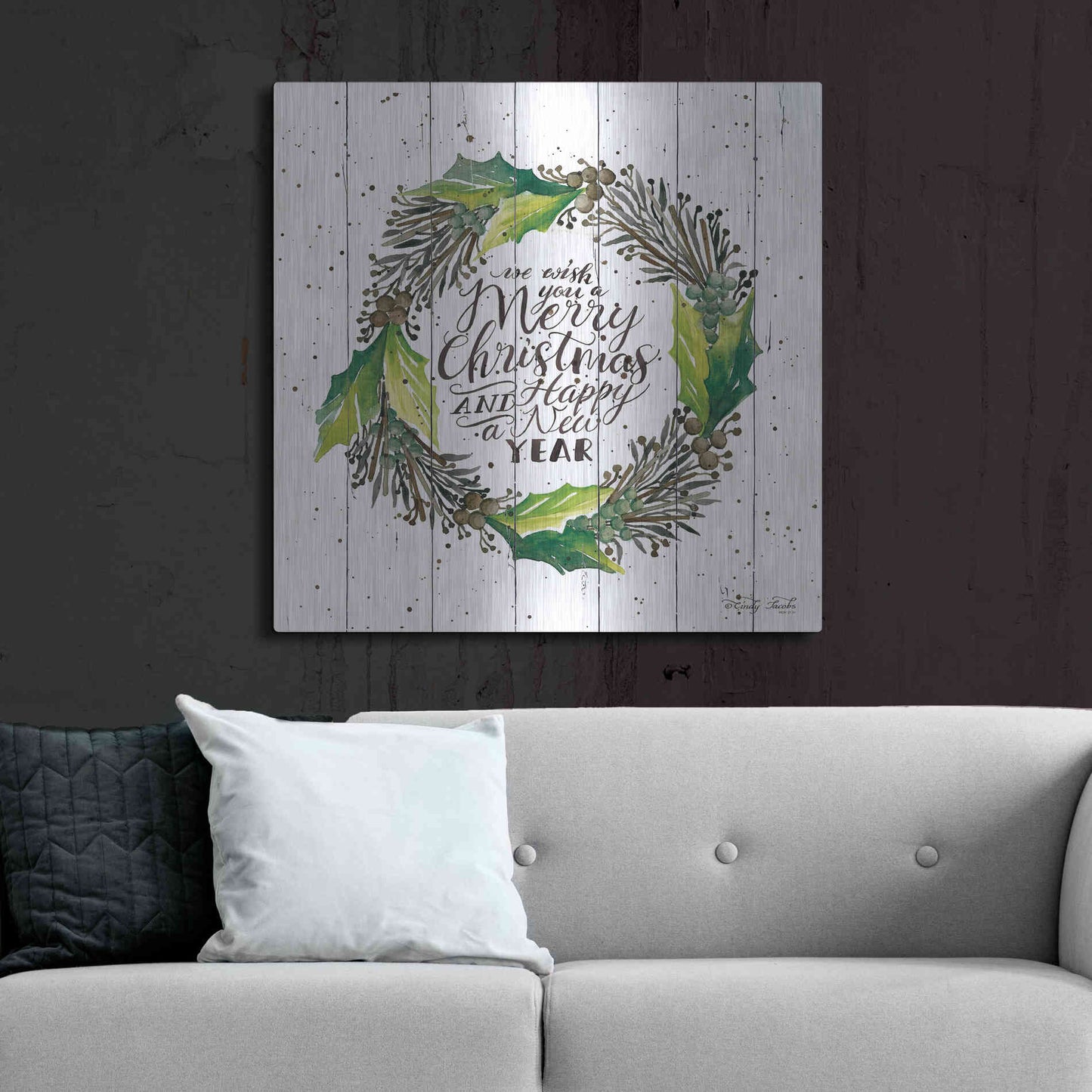 Luxe Metal Art 'Merry Christmas and Happy New Year Wreath' by Cindy Jacobs, Metal Wall Art,36x36