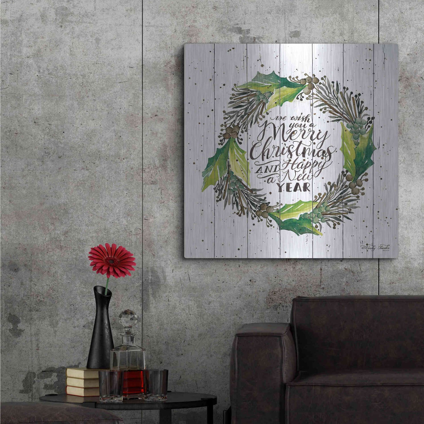 Luxe Metal Art 'Merry Christmas and Happy New Year Wreath' by Cindy Jacobs, Metal Wall Art,36x36