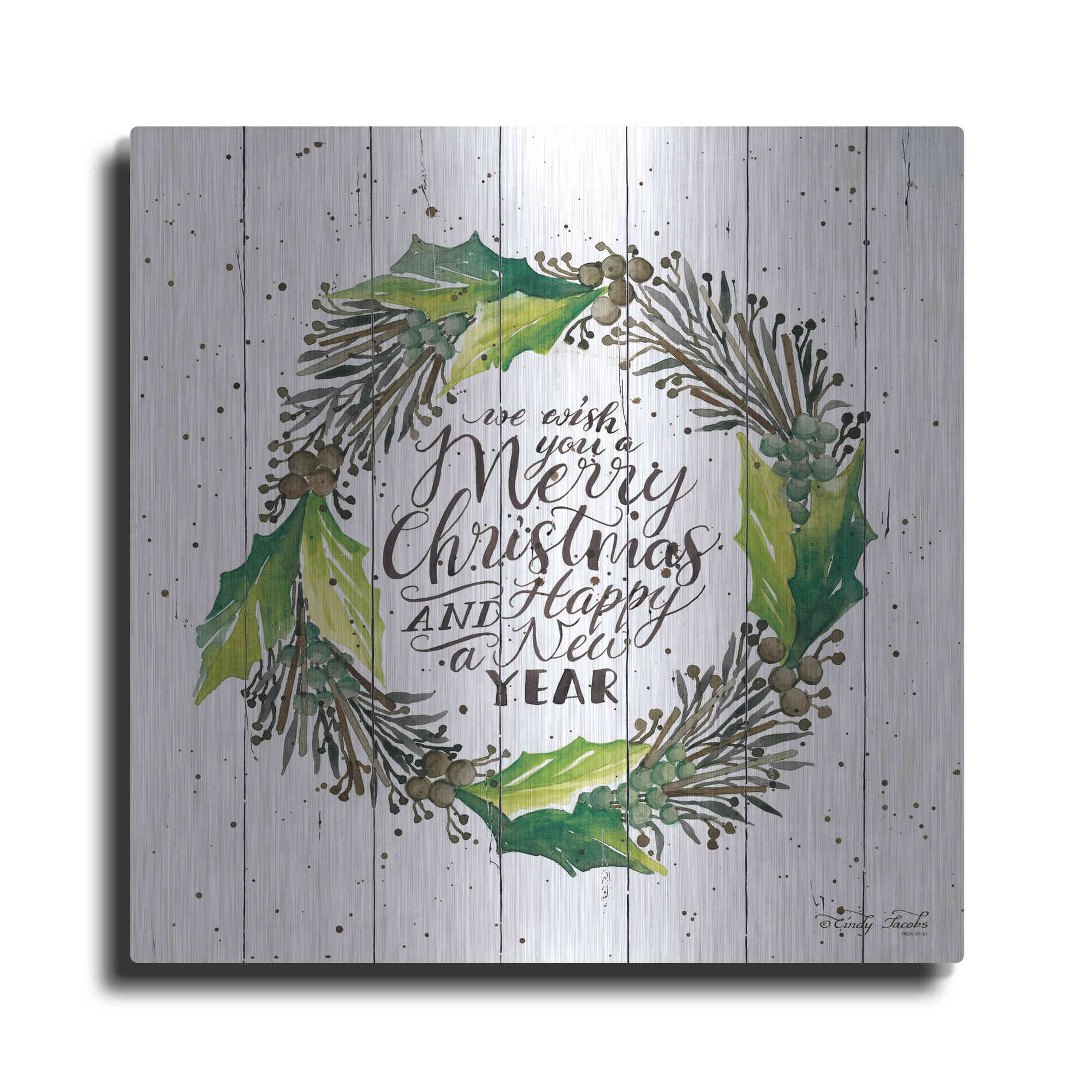 Luxe Metal Art 'Merry Christmas and Happy New Year Wreath' by Cindy Jacobs, Metal Wall Art