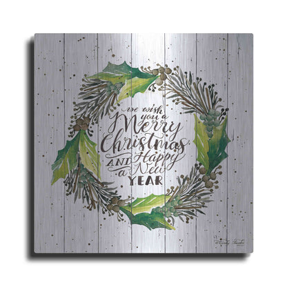 Luxe Metal Art 'Merry Christmas and Happy New Year Wreath' by Cindy Jacobs, Metal Wall Art