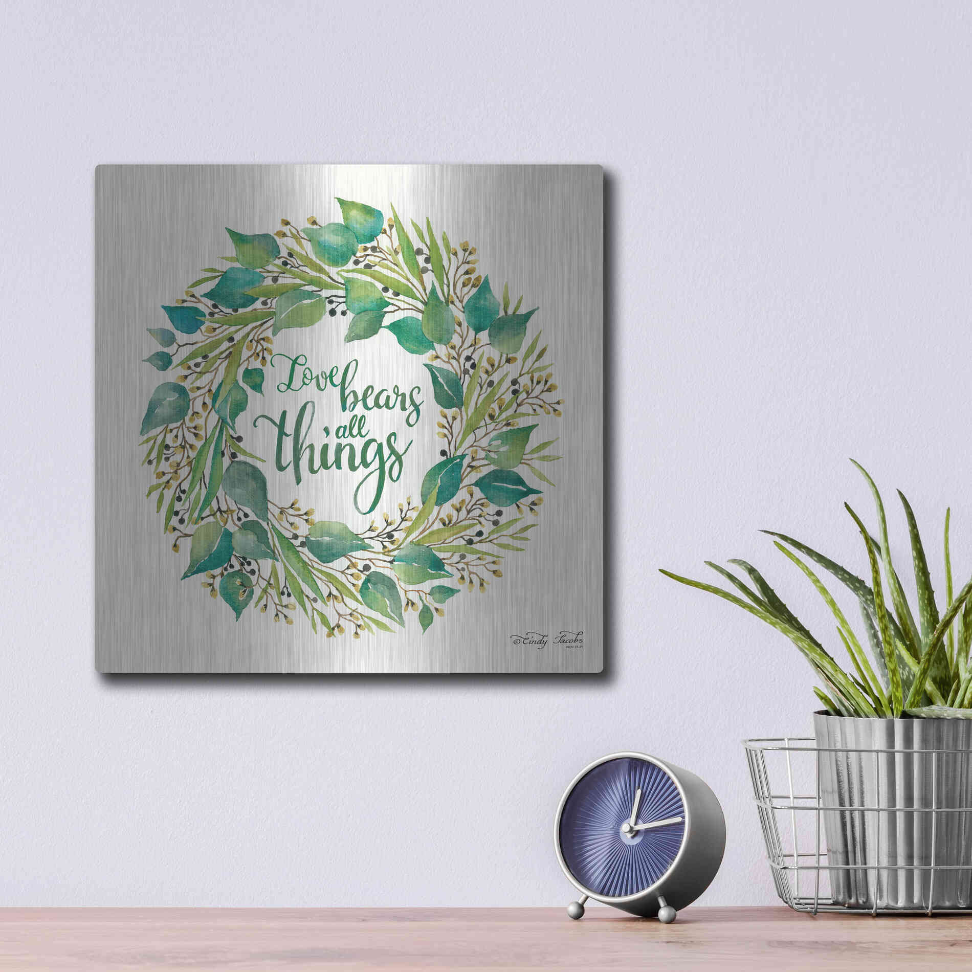 Luxe Metal Art 'Love Bears All Things Eucalyptus Wreath' by Cindy Jacobs, Metal Wall Art,12x12