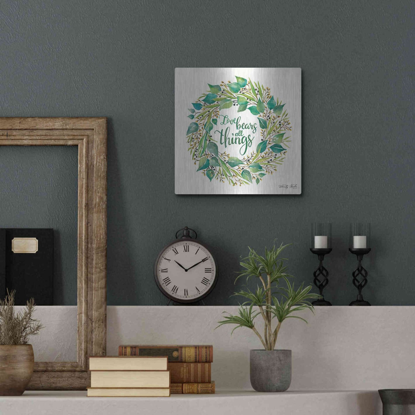 Luxe Metal Art 'Love Bears All Things Eucalyptus Wreath' by Cindy Jacobs, Metal Wall Art,12x12