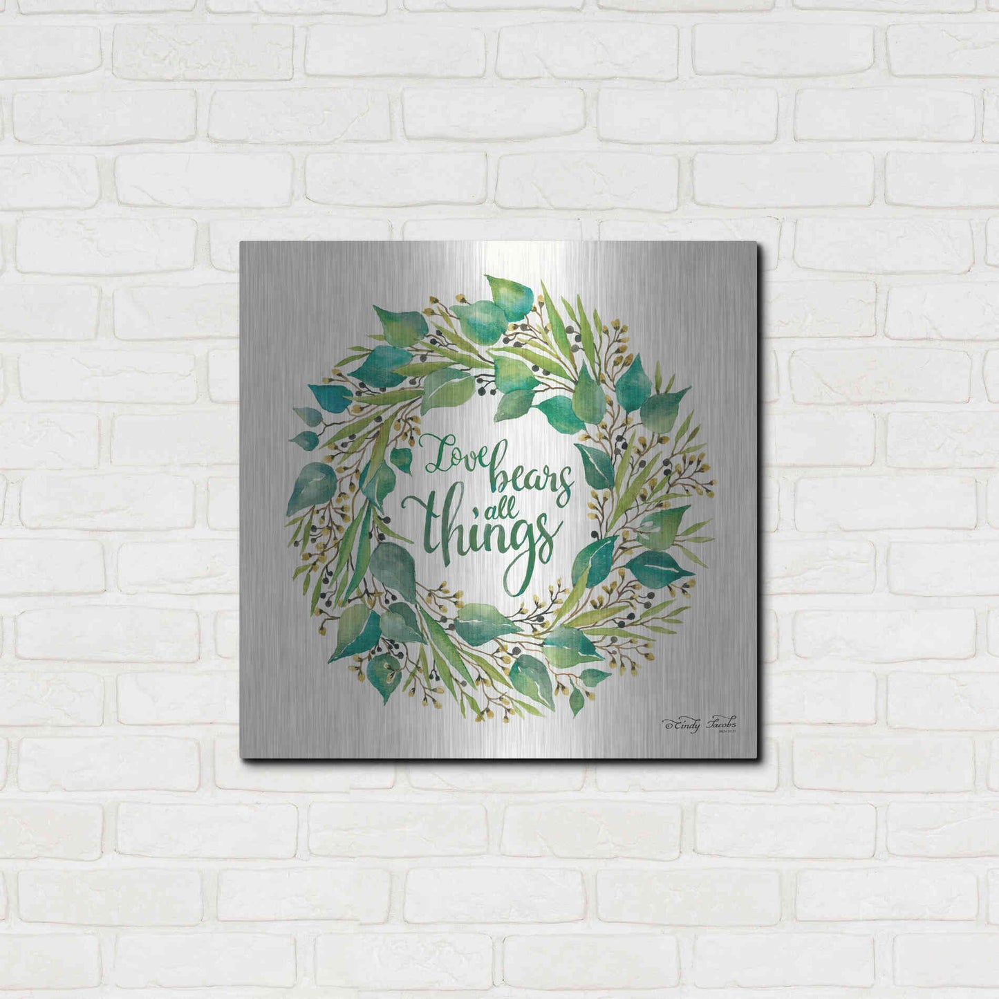 Luxe Metal Art 'Love Bears All Things Eucalyptus Wreath' by Cindy Jacobs, Metal Wall Art,24x24