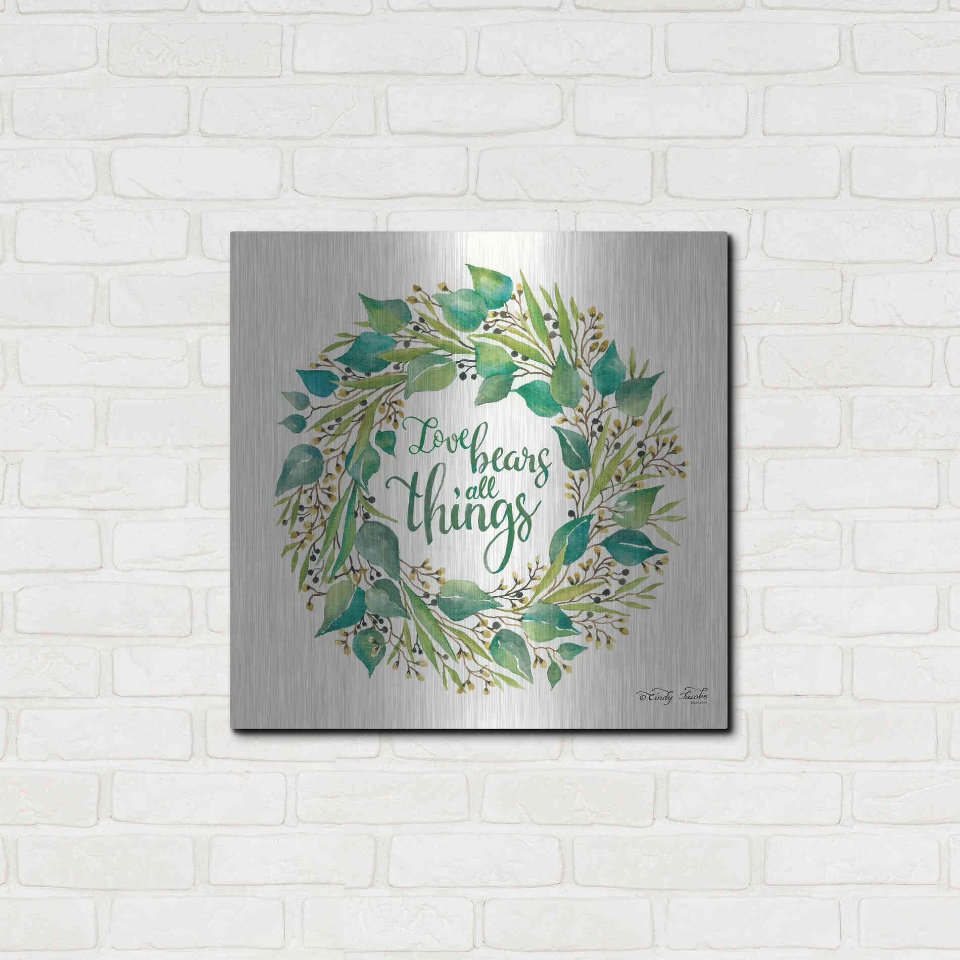 Luxe Metal Art 'Love Bears All Things Eucalyptus Wreath' by Cindy Jacobs, Metal Wall Art,24x24