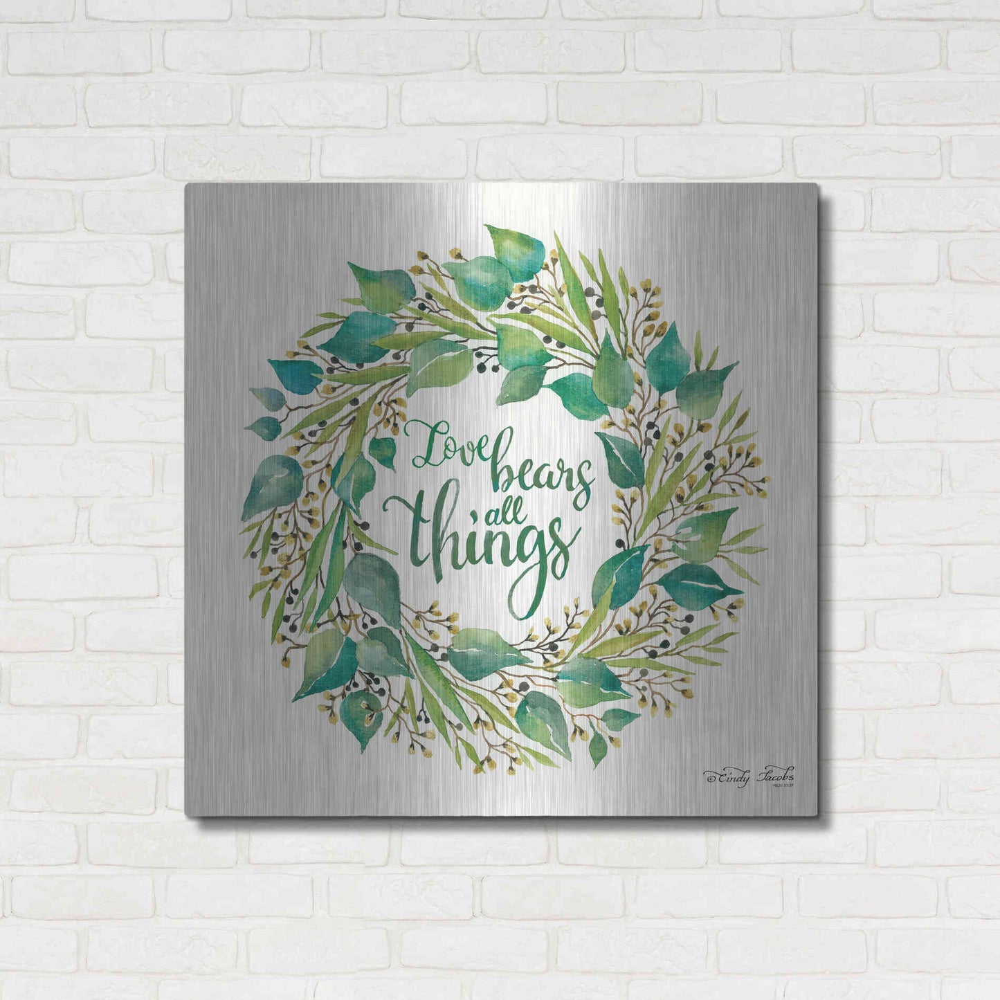 Luxe Metal Art 'Love Bears All Things Eucalyptus Wreath' by Cindy Jacobs, Metal Wall Art,36x36