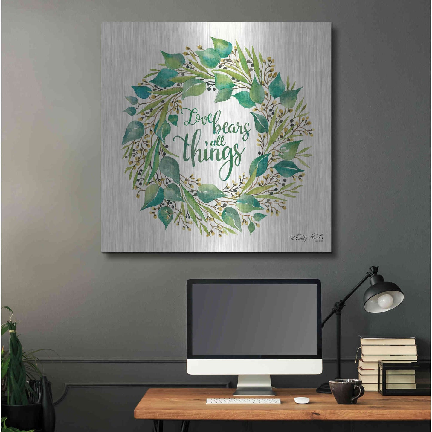 Luxe Metal Art 'Love Bears All Things Eucalyptus Wreath' by Cindy Jacobs, Metal Wall Art,36x36