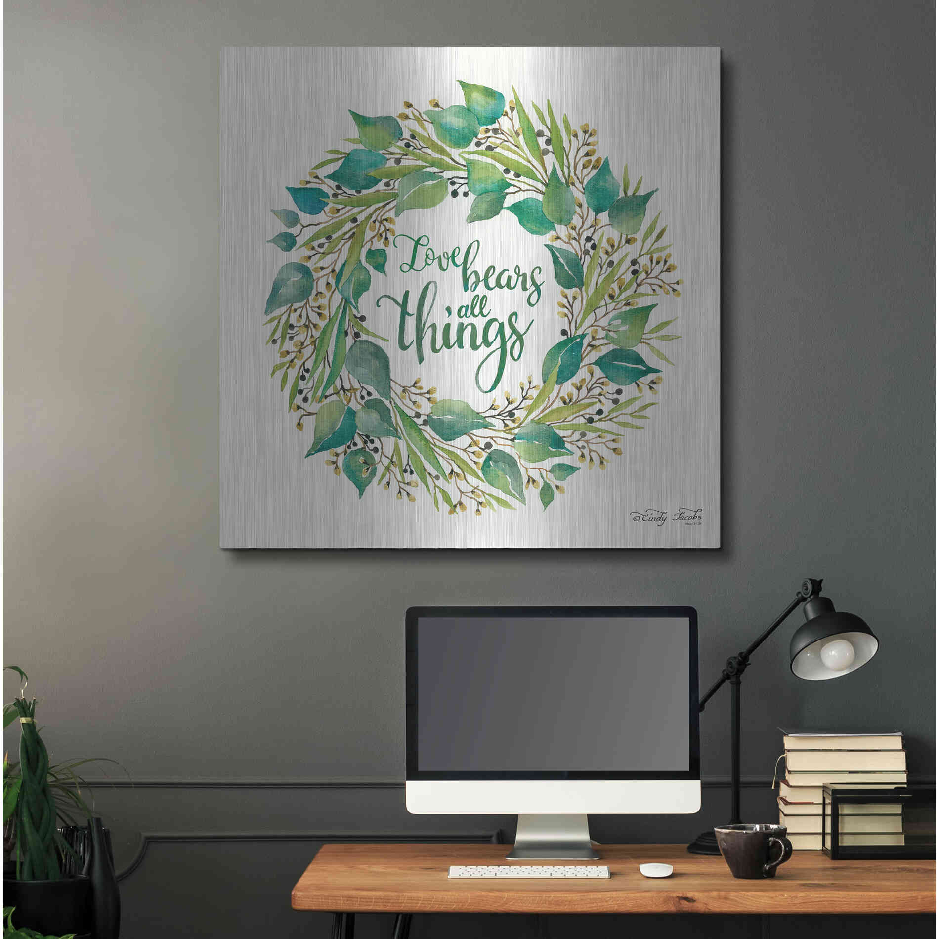 Luxe Metal Art 'Love Bears All Things Eucalyptus Wreath' by Cindy Jacobs, Metal Wall Art,36x36