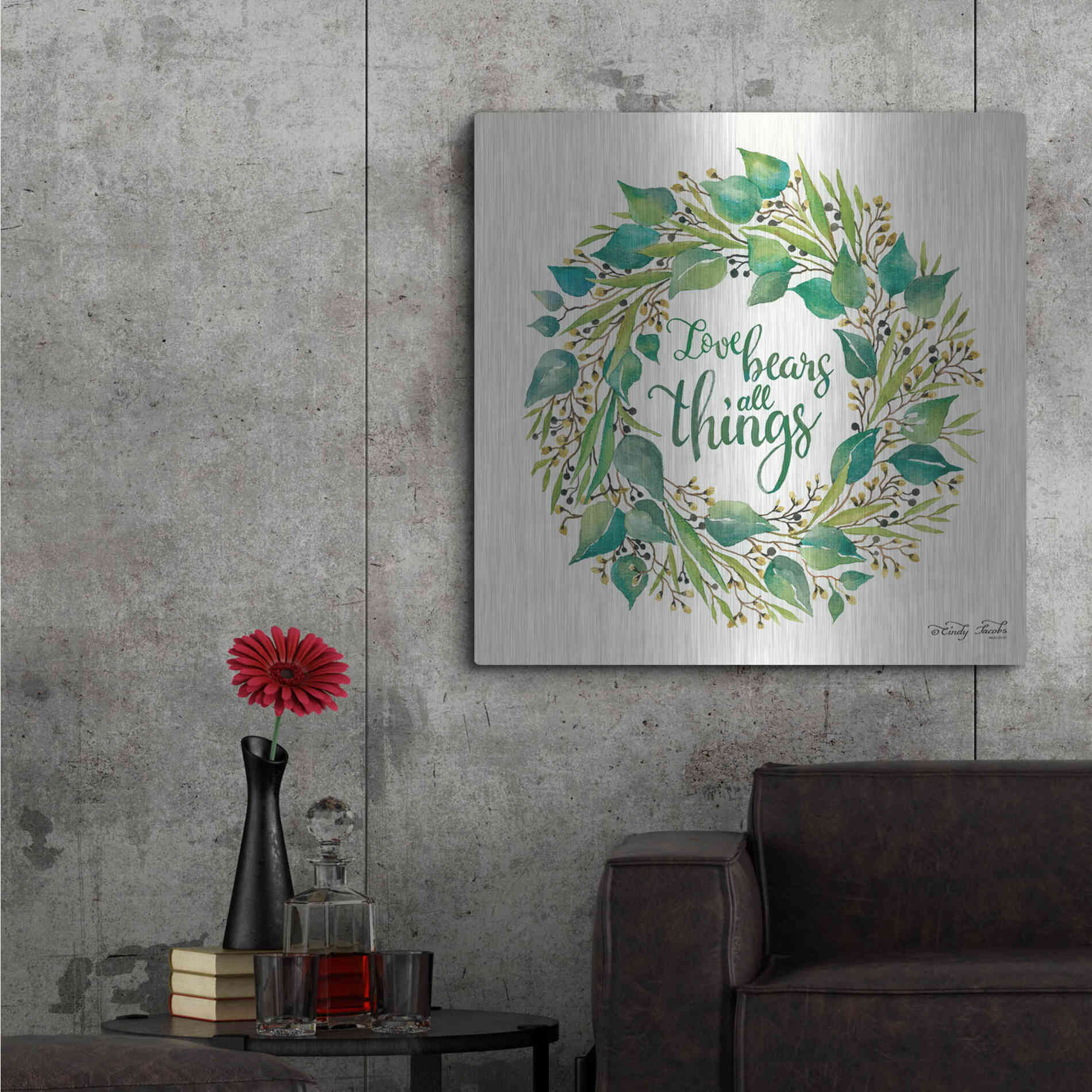 Luxe Metal Art 'Love Bears All Things Eucalyptus Wreath' by Cindy Jacobs, Metal Wall Art,36x36