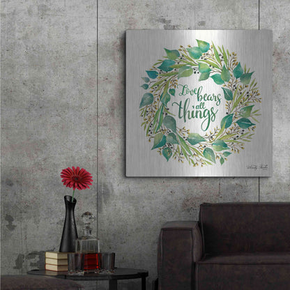 Luxe Metal Art 'Love Bears All Things Eucalyptus Wreath' by Cindy Jacobs, Metal Wall Art,36x36