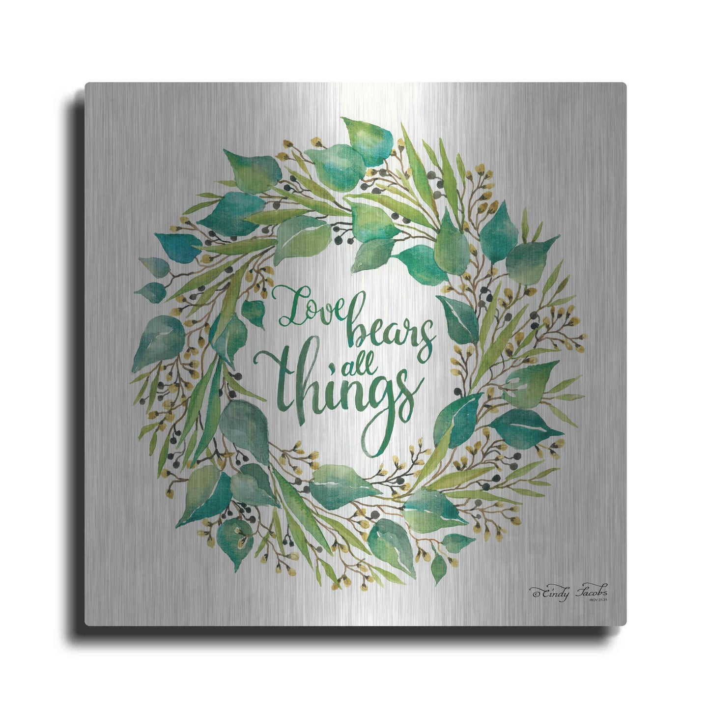 Luxe Metal Art 'Love Bears All Things Eucalyptus Wreath' by Cindy Jacobs, Metal Wall Art