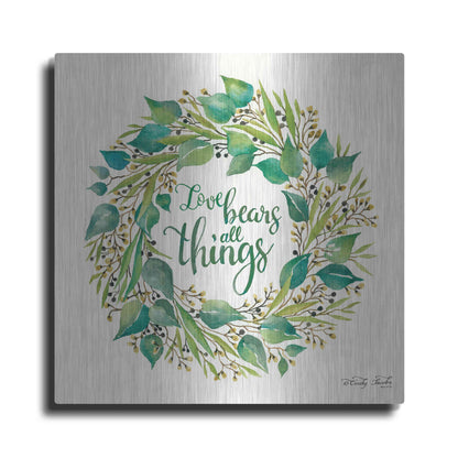 Luxe Metal Art 'Love Bears All Things Eucalyptus Wreath' by Cindy Jacobs, Metal Wall Art