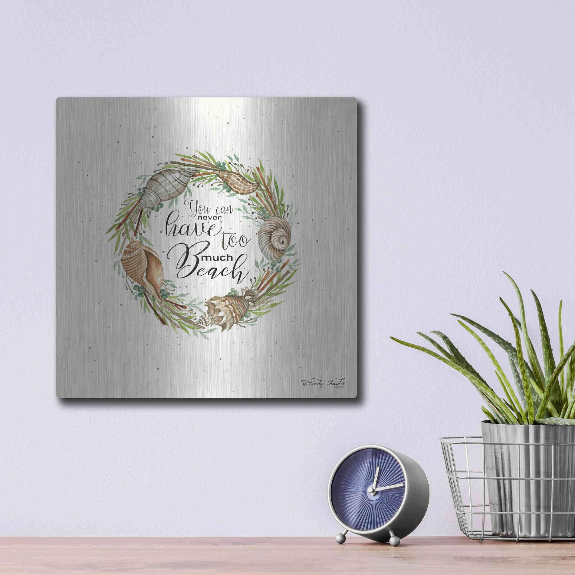 Luxe Metal Art 'Never Too Much Beach Shell Wreath' by Cindy Jacobs, Metal Wall Art,12x12