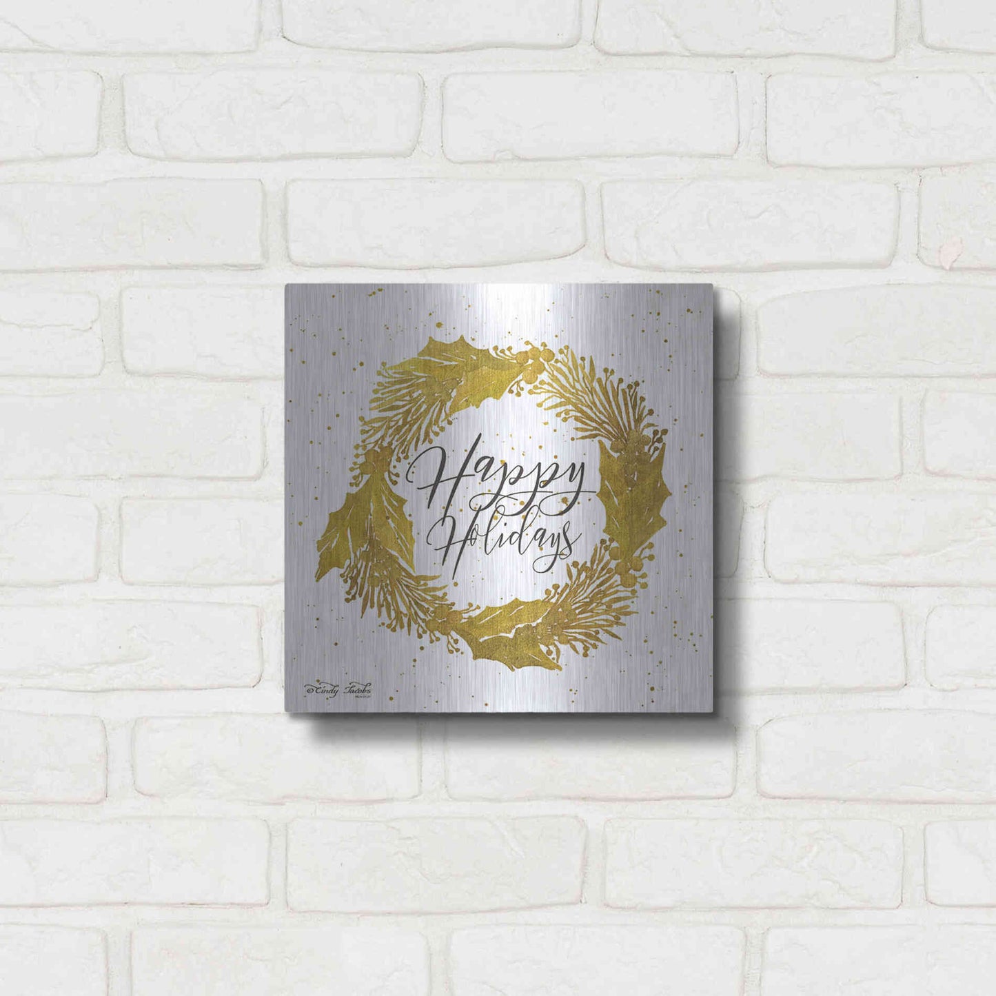 Luxe Metal Art 'Happy Holidays Gold Wreath' by Cindy Jacobs, Metal Wall Art,12x12
