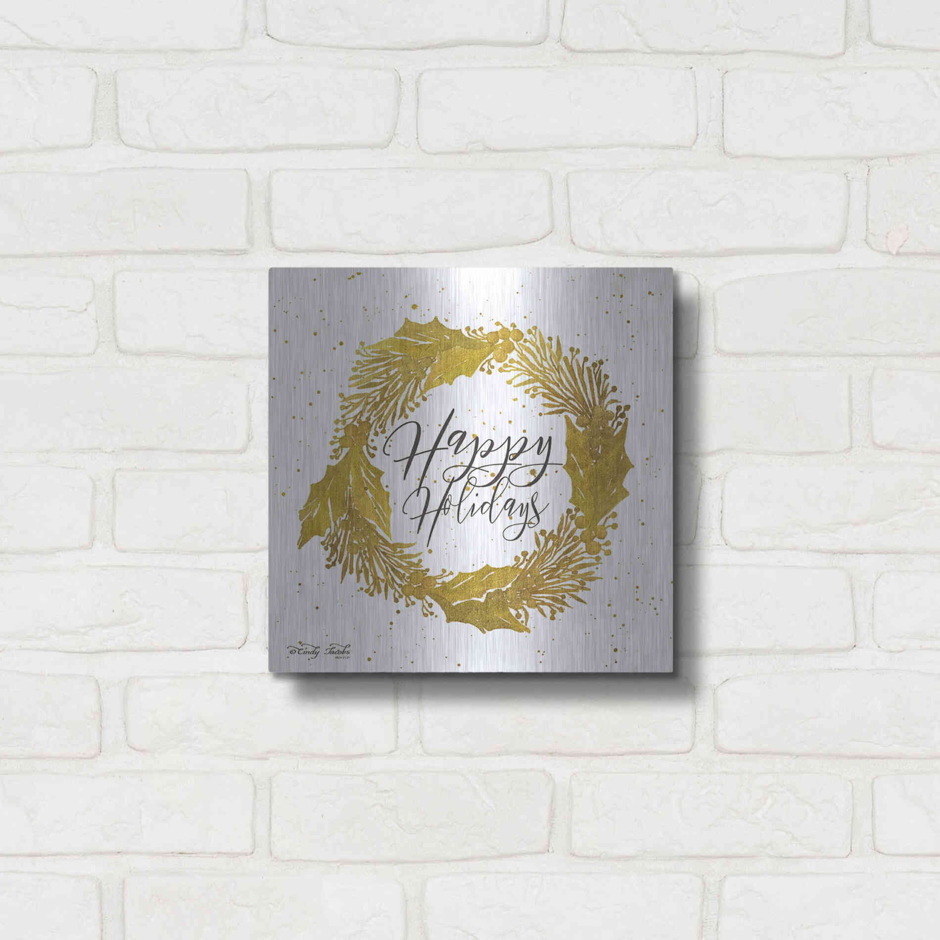 Luxe Metal Art 'Happy Holidays Gold Wreath' by Cindy Jacobs, Metal Wall Art,12x12