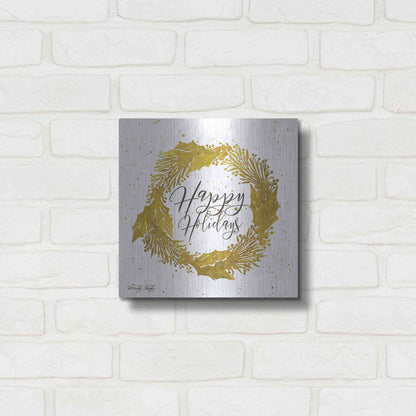 Luxe Metal Art 'Happy Holidays Gold Wreath' by Cindy Jacobs, Metal Wall Art,12x12