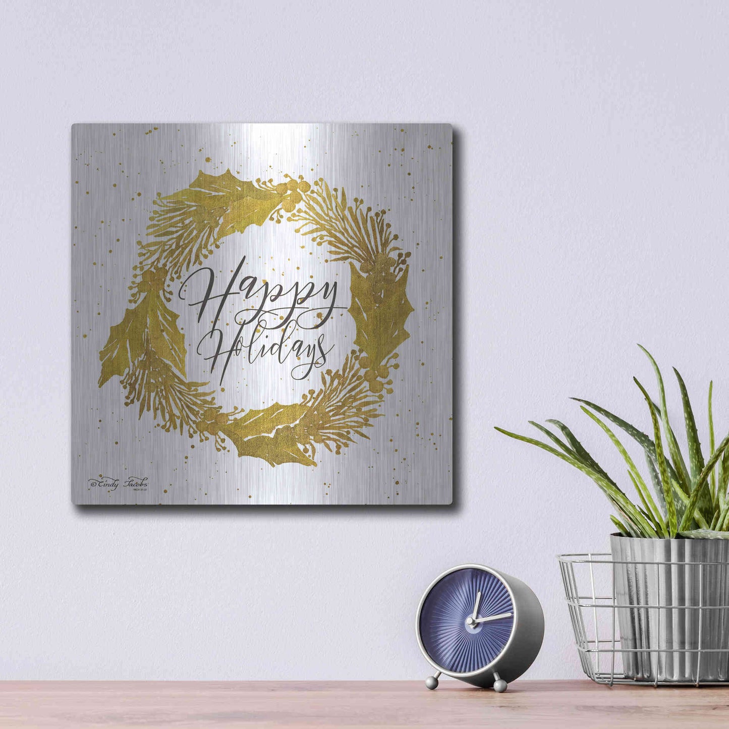 Luxe Metal Art 'Happy Holidays Gold Wreath' by Cindy Jacobs, Metal Wall Art,12x12