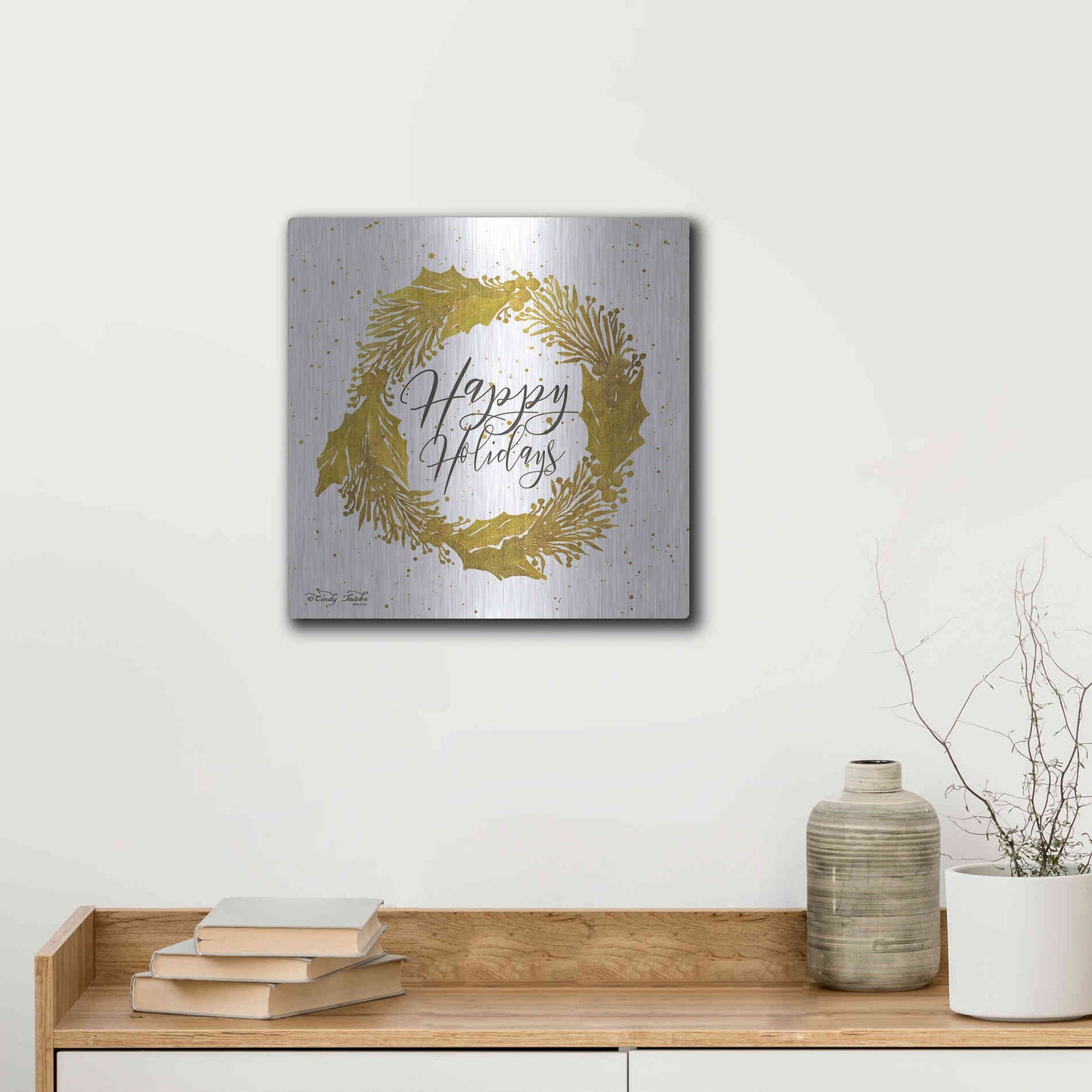 Luxe Metal Art 'Happy Holidays Gold Wreath' by Cindy Jacobs, Metal Wall Art,12x12