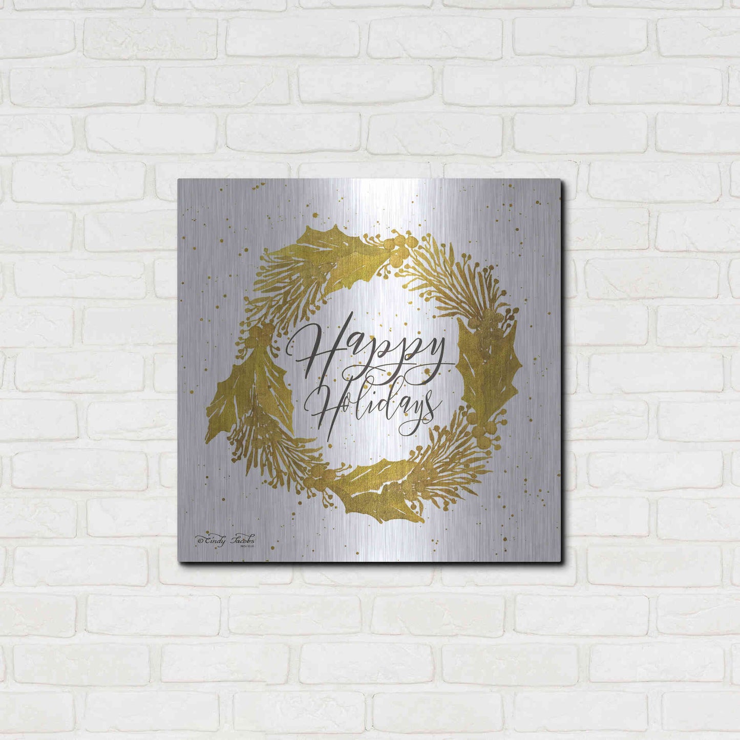 Luxe Metal Art 'Happy Holidays Gold Wreath' by Cindy Jacobs, Metal Wall Art,24x24