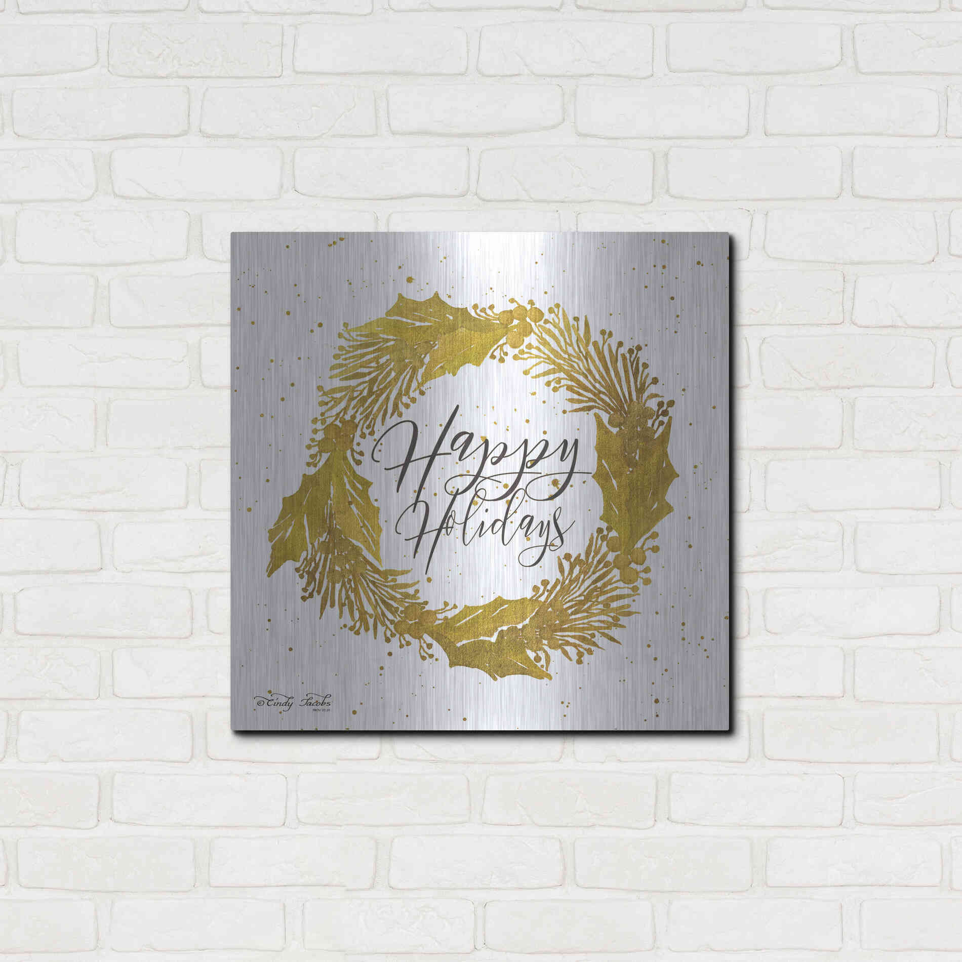 Luxe Metal Art 'Happy Holidays Gold Wreath' by Cindy Jacobs, Metal Wall Art,24x24