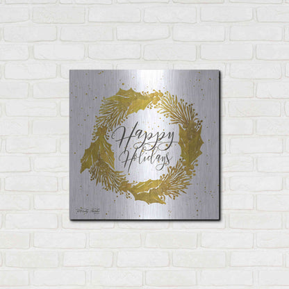 Luxe Metal Art 'Happy Holidays Gold Wreath' by Cindy Jacobs, Metal Wall Art,24x24