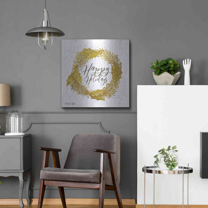 Luxe Metal Art 'Happy Holidays Gold Wreath' by Cindy Jacobs, Metal Wall Art,24x24
