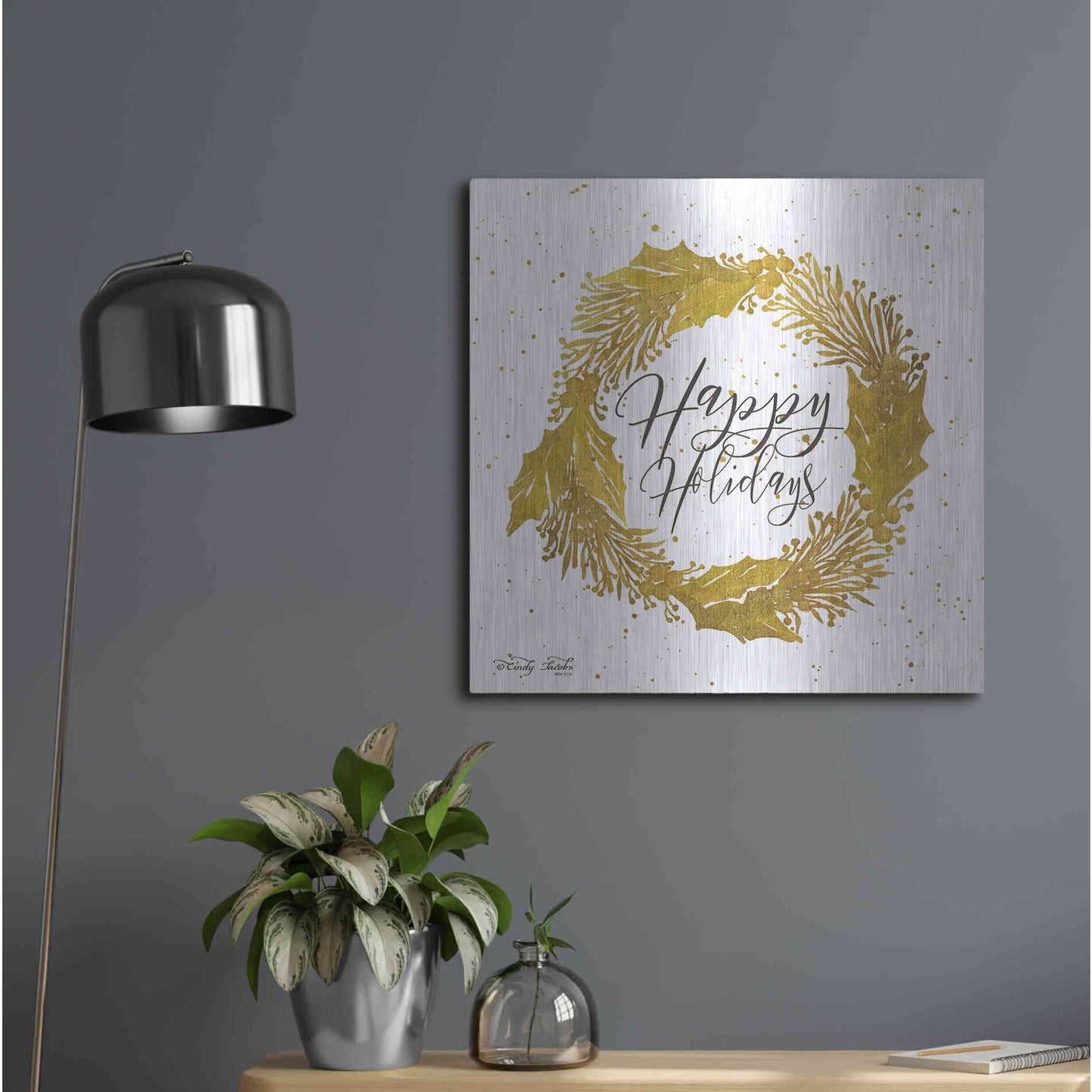 Luxe Metal Art 'Happy Holidays Gold Wreath' by Cindy Jacobs, Metal Wall Art,24x24