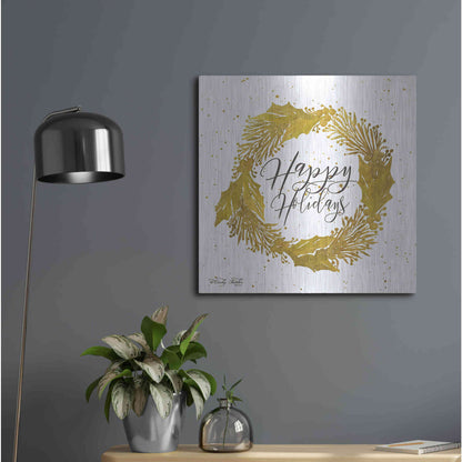 Luxe Metal Art 'Happy Holidays Gold Wreath' by Cindy Jacobs, Metal Wall Art,24x24