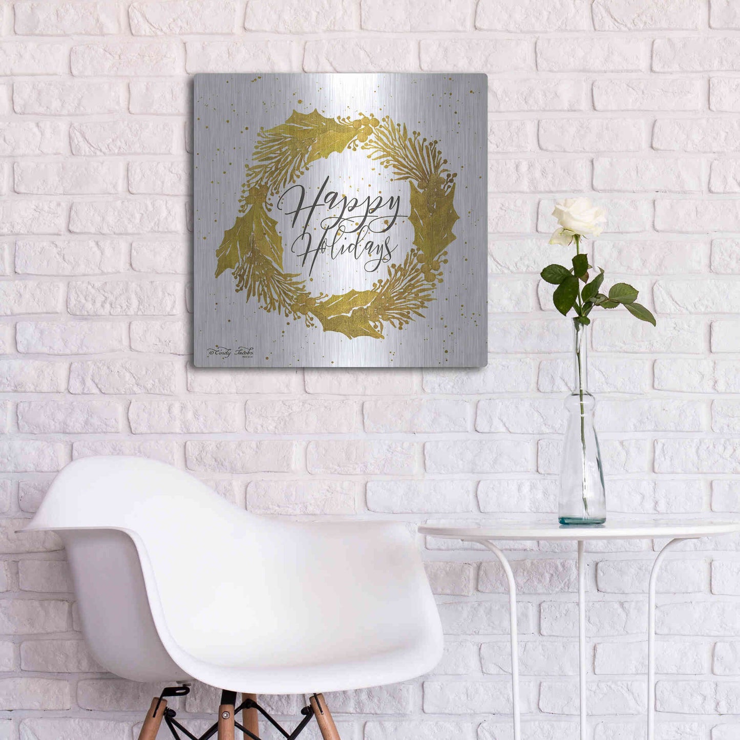 Luxe Metal Art 'Happy Holidays Gold Wreath' by Cindy Jacobs, Metal Wall Art,24x24