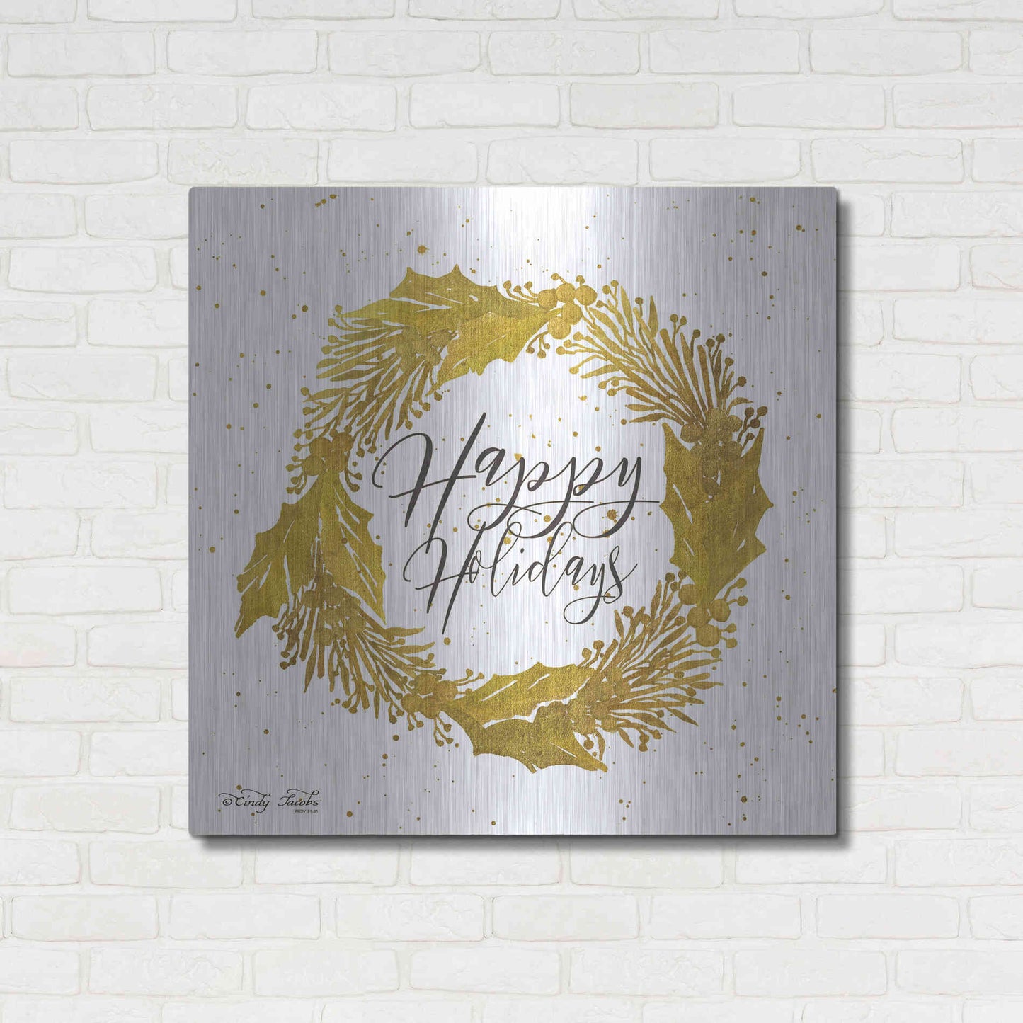 Luxe Metal Art 'Happy Holidays Gold Wreath' by Cindy Jacobs, Metal Wall Art,36x36