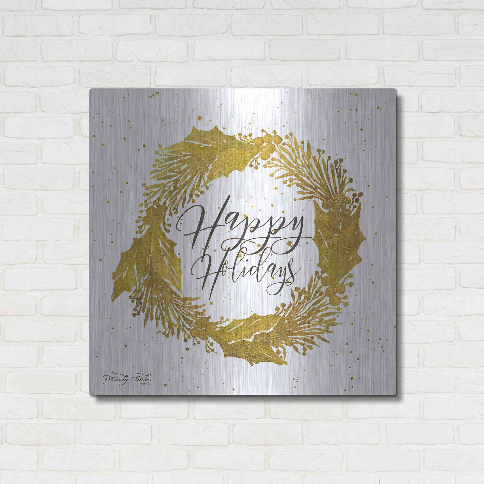 Luxe Metal Art 'Happy Holidays Gold Wreath' by Cindy Jacobs, Metal Wall Art,36x36