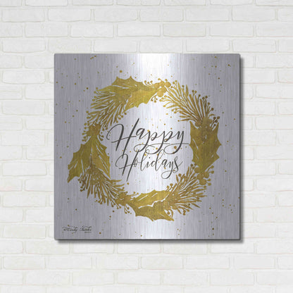 Luxe Metal Art 'Happy Holidays Gold Wreath' by Cindy Jacobs, Metal Wall Art,36x36