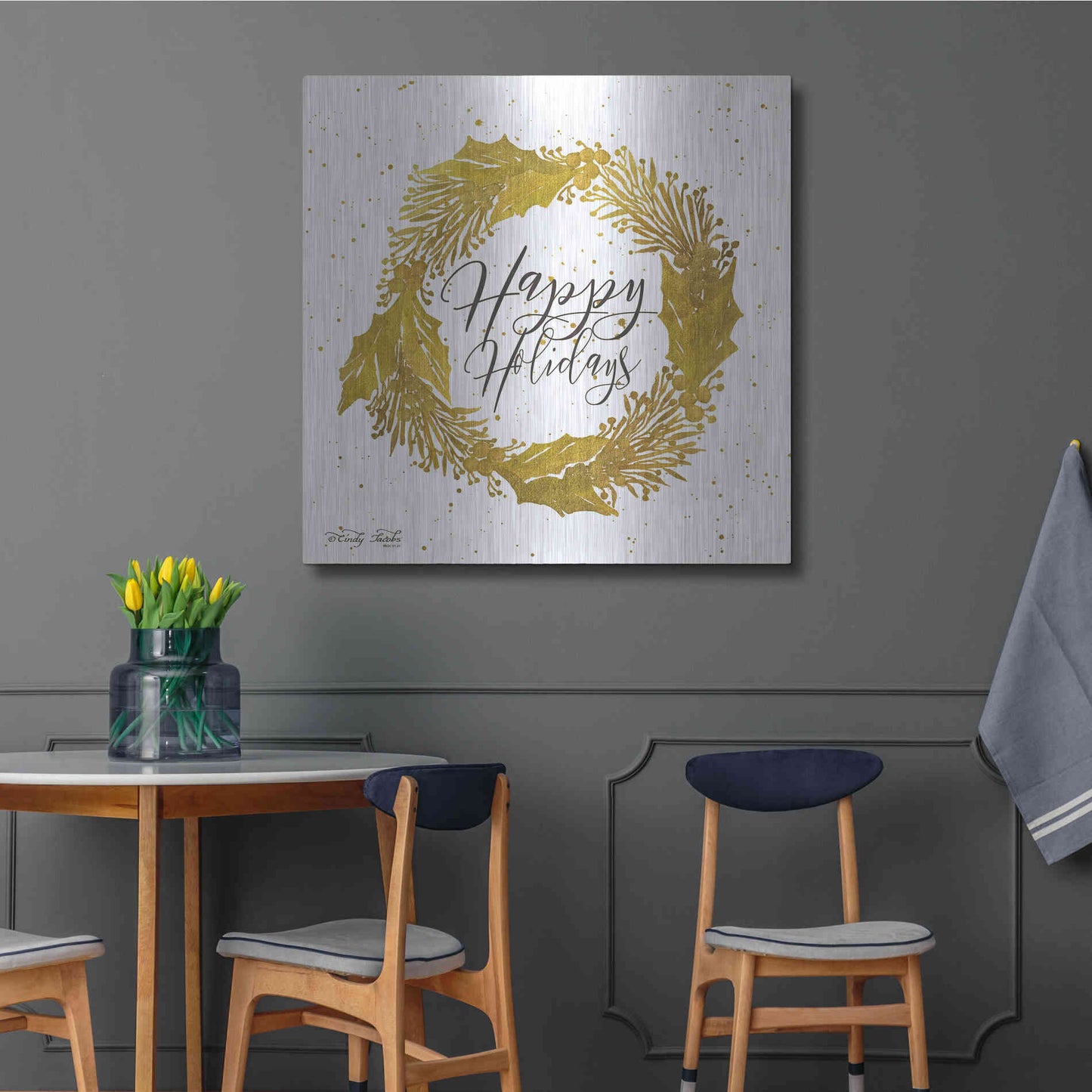 Luxe Metal Art 'Happy Holidays Gold Wreath' by Cindy Jacobs, Metal Wall Art,36x36