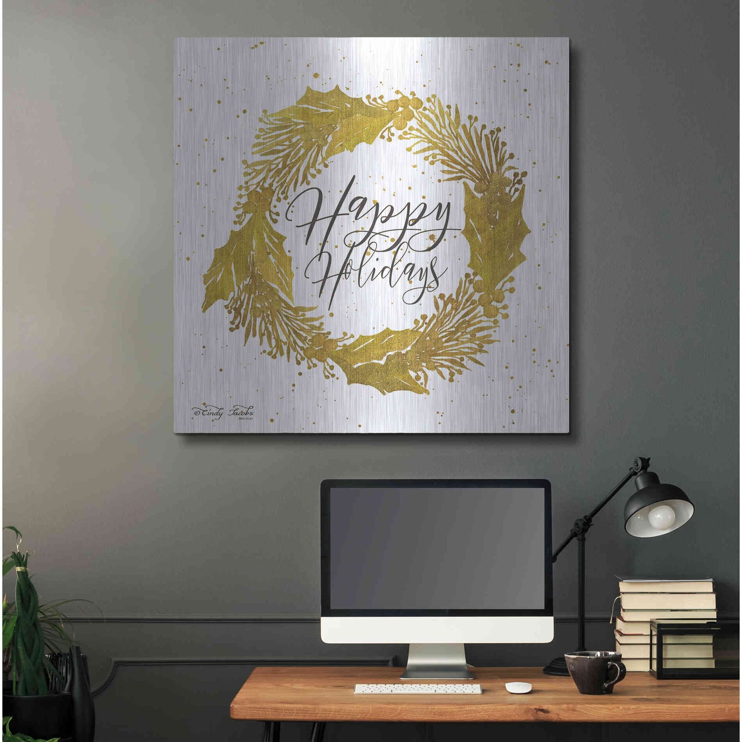 Luxe Metal Art 'Happy Holidays Gold Wreath' by Cindy Jacobs, Metal Wall Art,36x36