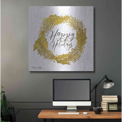 Luxe Metal Art 'Happy Holidays Gold Wreath' by Cindy Jacobs, Metal Wall Art,36x36