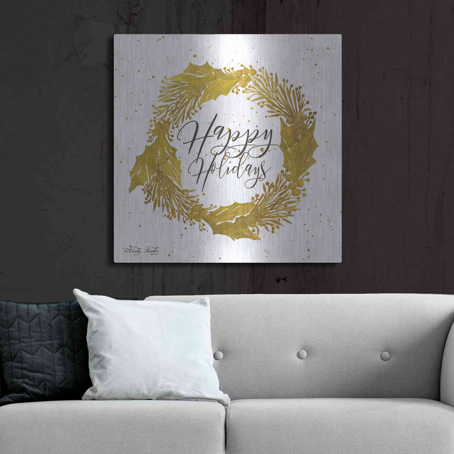 Luxe Metal Art 'Happy Holidays Gold Wreath' by Cindy Jacobs, Metal Wall Art,36x36