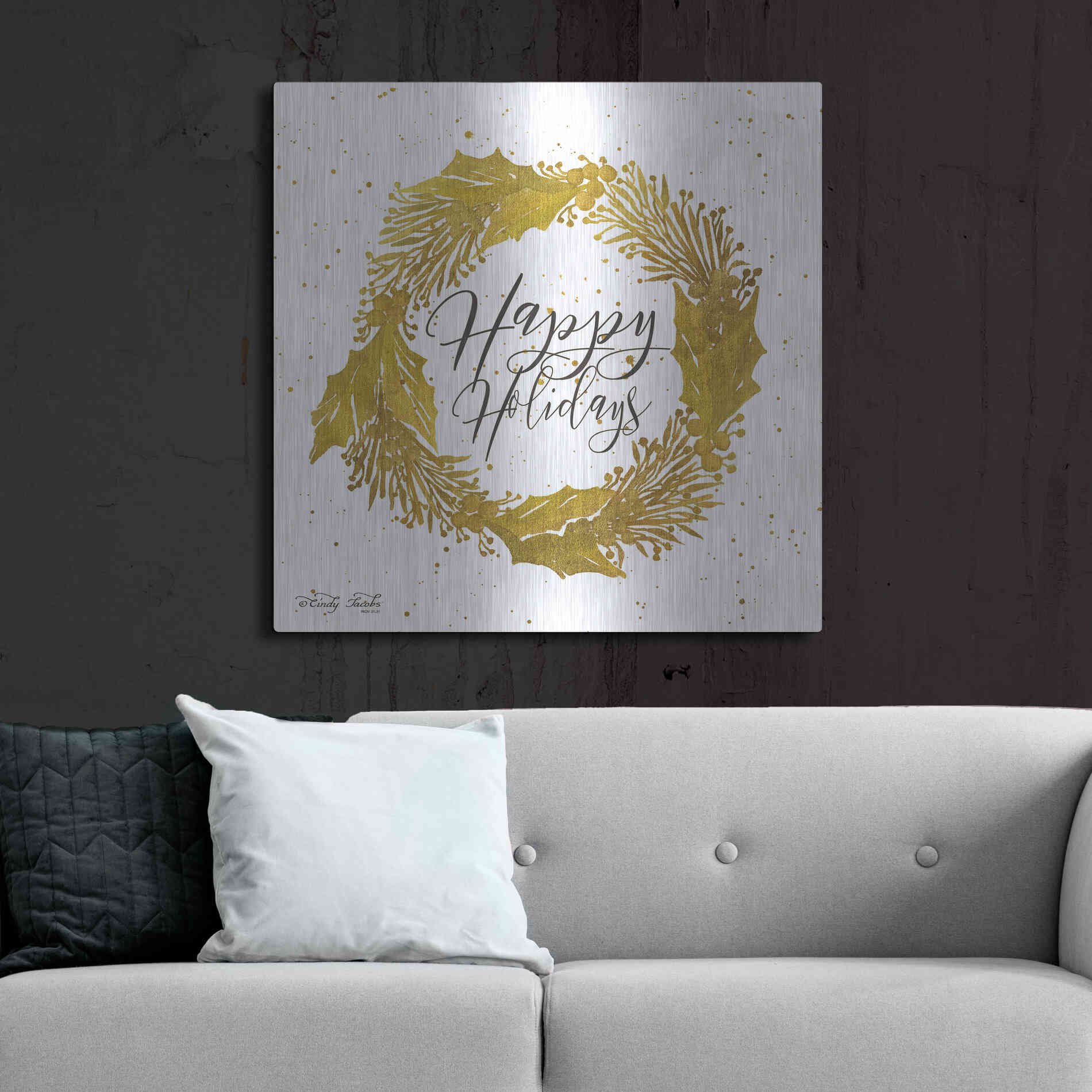 Luxe Metal Art 'Happy Holidays Gold Wreath' by Cindy Jacobs, Metal Wall Art,36x36