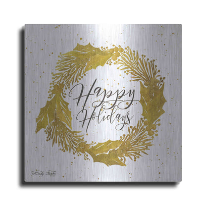 Luxe Metal Art 'Happy Holidays Gold Wreath' by Cindy Jacobs, Metal Wall Art