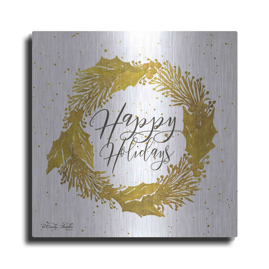 Luxe Metal Art 'Happy Holidays Gold Wreath' by Cindy Jacobs, Metal Wall Art