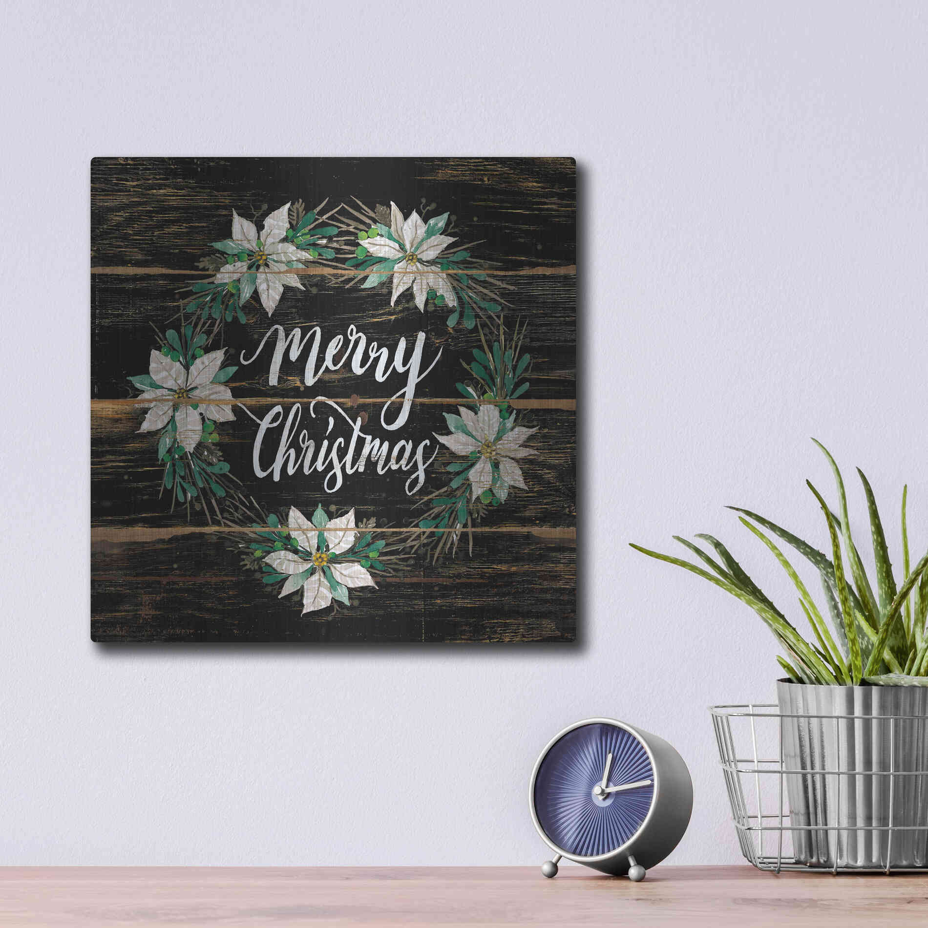 Luxe Metal Art 'Merry Christmas Poinsettia Wreath' by Cindy Jacobs, Metal Wall Art,12x12