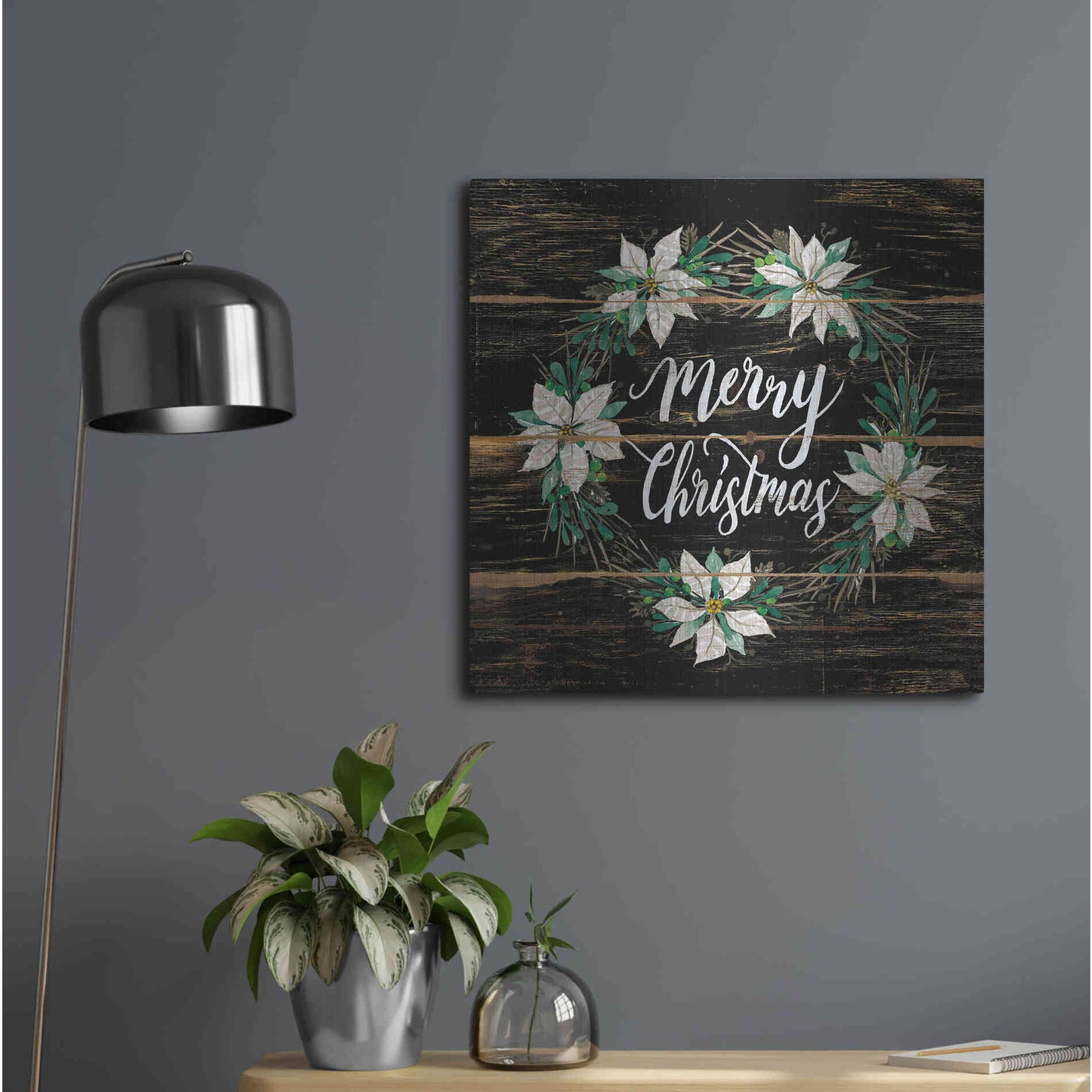 Luxe Metal Art 'Merry Christmas Poinsettia Wreath' by Cindy Jacobs, Metal Wall Art,24x24